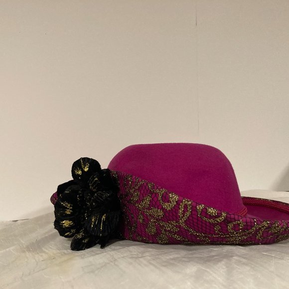 Fuchsia Fedora Hat Medium Brim  Scarlet Black Rose - Picture 5 of 5